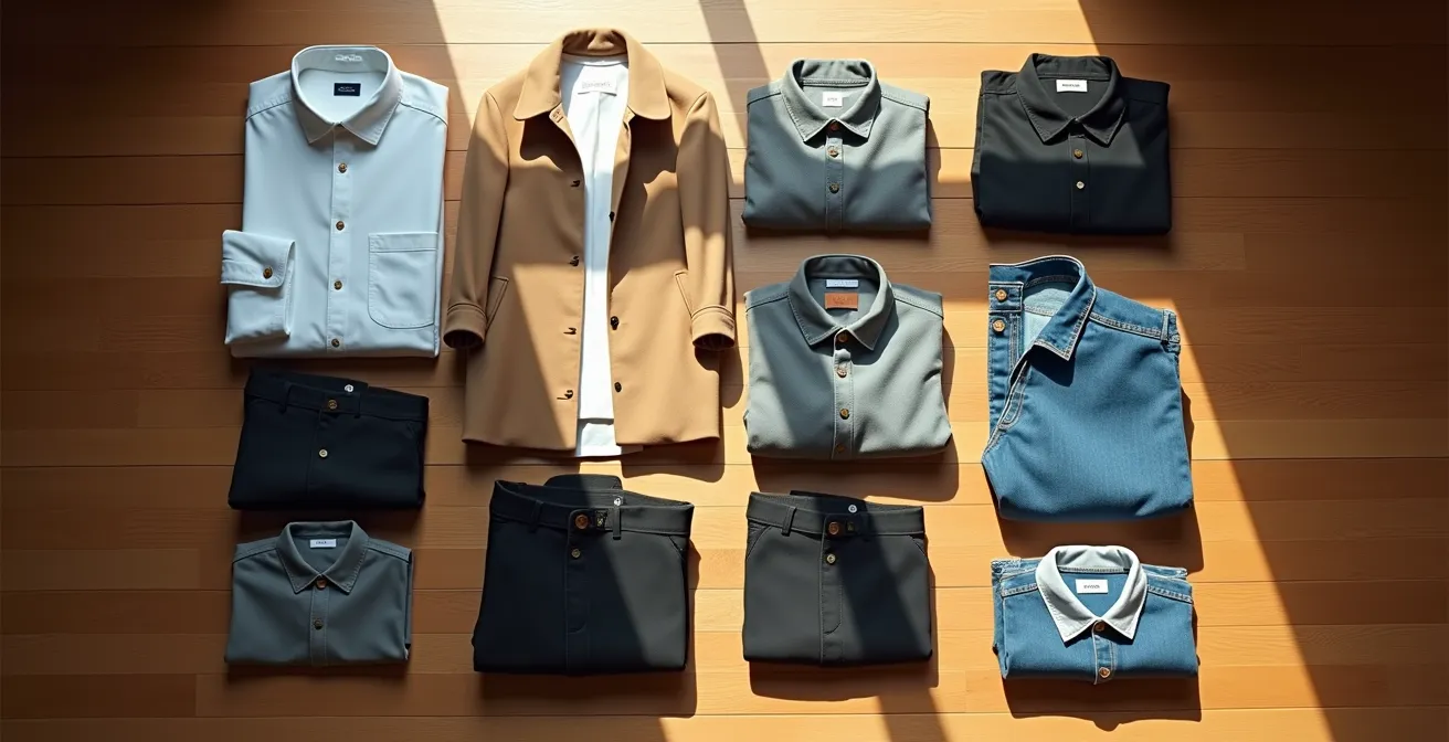 Vista aérea de armario organizado mostrando proporción 80-20 entre básicos y tendencias