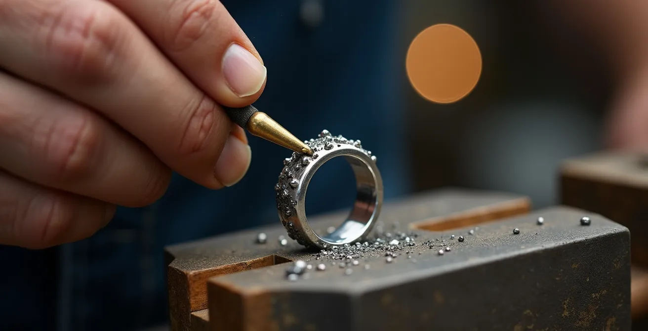 Manos de orfebre trabajando metal con herramientas tradicionales