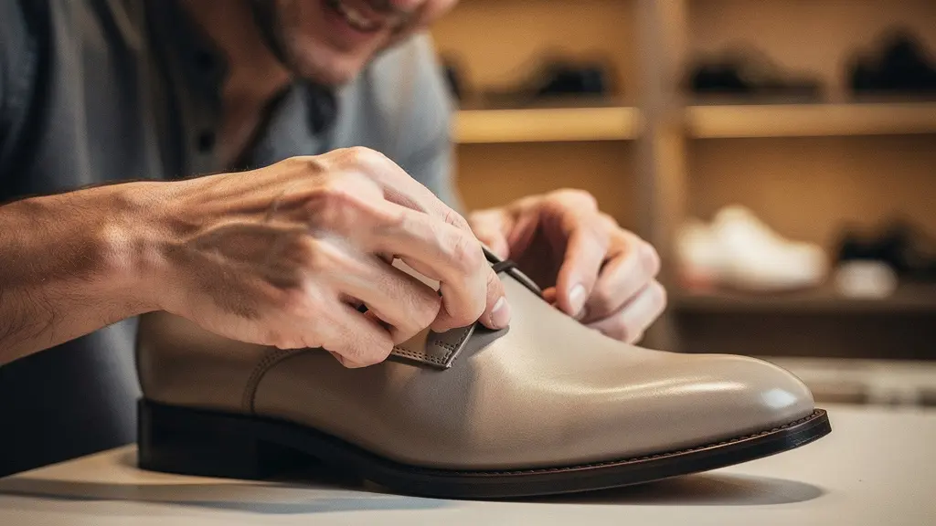 Persona probándose zapato ergonómico de horma ancha en zapatería