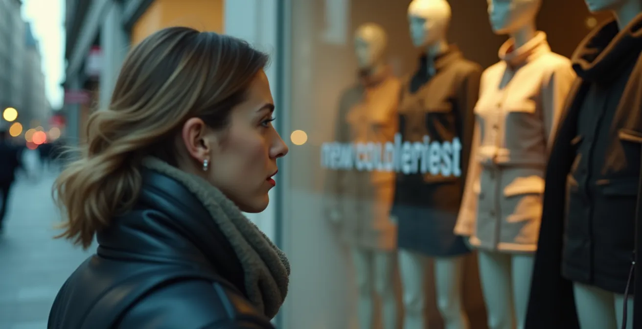 Vista lateral de escaparate de tienda mostrando estratégicamente prendas con etiquetas de precios abstractas