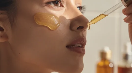 Primer plano de rostro femenino joven aplicando sérum con textura dorada