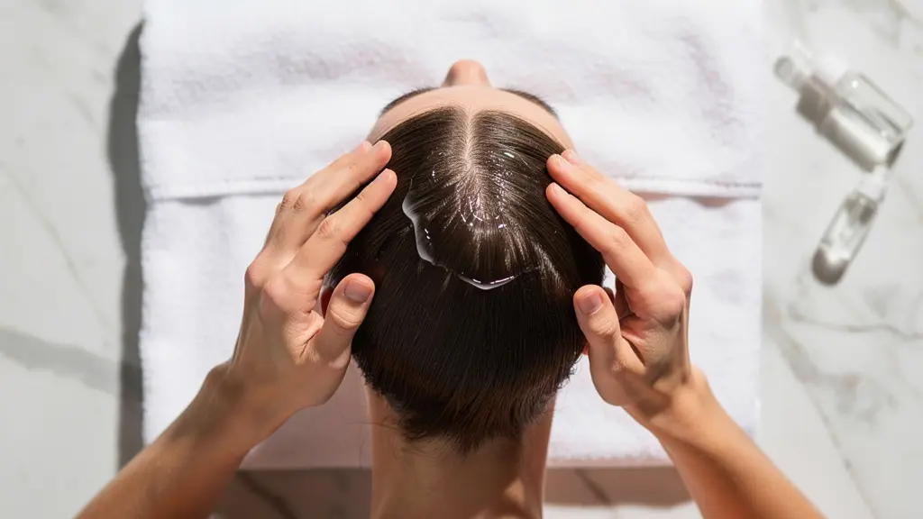 Manos aplicando tratamiento en el cuero cabelludo con movimientos circulares suaves