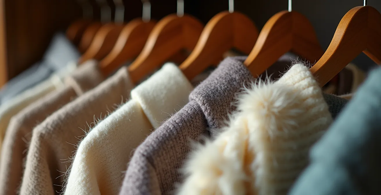 Perchero vintage con prendas de calidad de segunda mano, incluyendo un abrigo de lana, seda y cachemira en tonos neutros