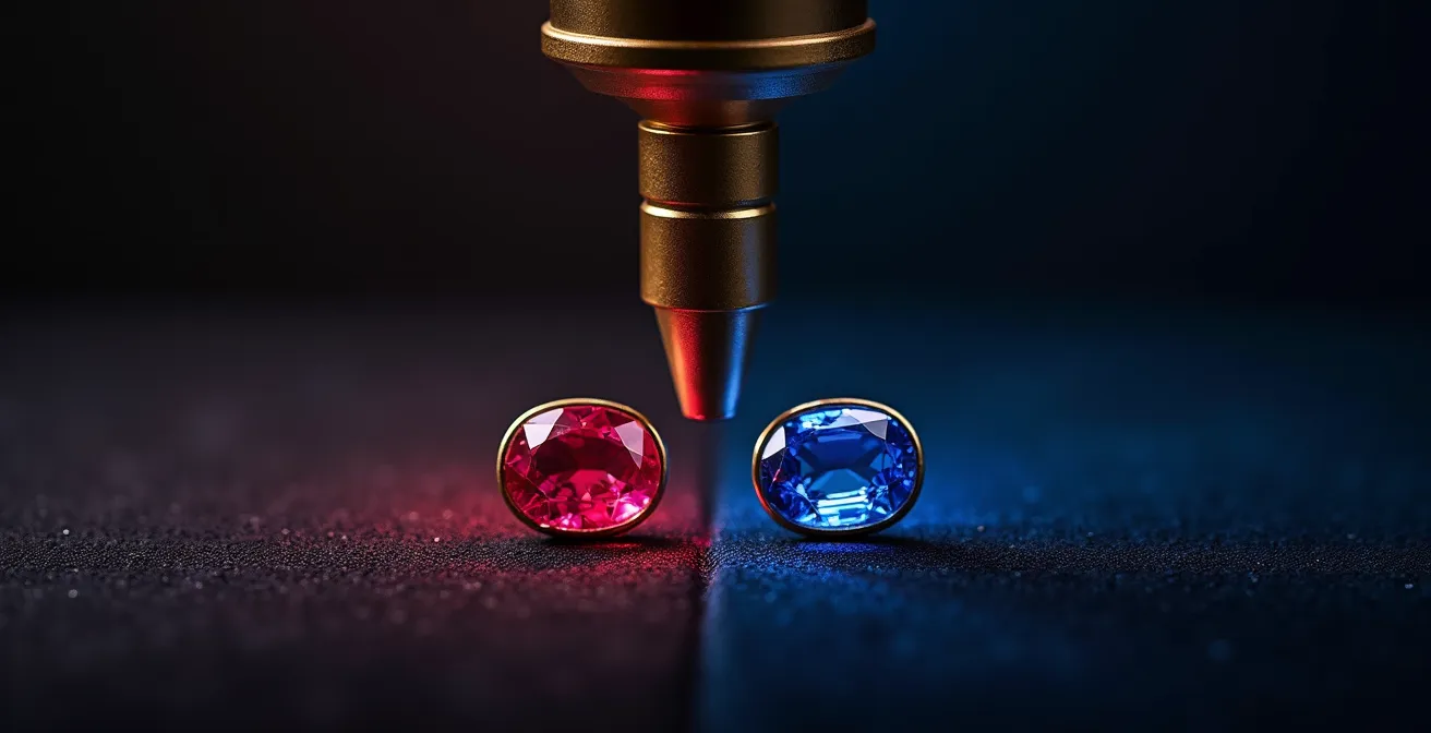 Comparación visual de rubí birmano y zafiro de Ceilán bajo microscopio gemológico