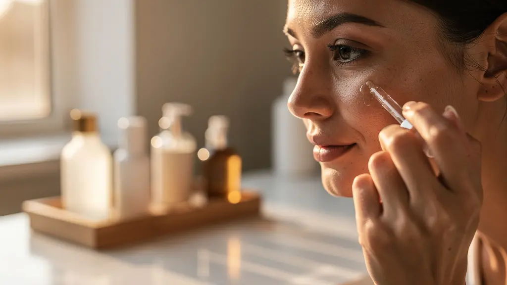 Mujer aplicando cuidadosamente serum facial frente a espejo iluminado con productos de belleza organizados