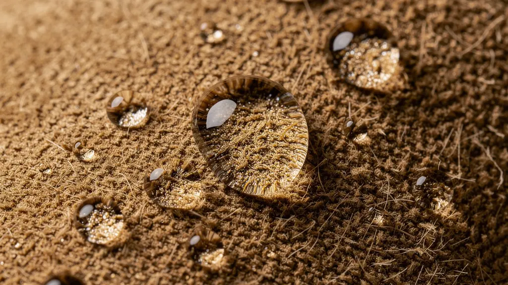 Macro detalle de gotas de agua formando perlas sobre superficie de ante tratado