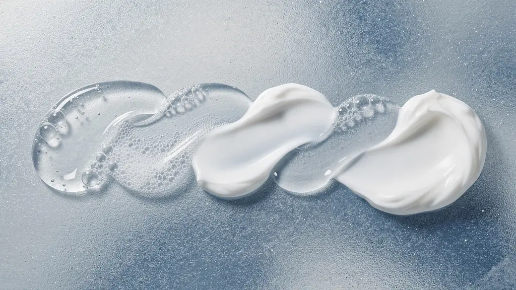 Transición visual de texturas de gel ligero a crema rica mostrando diferentes consistencias