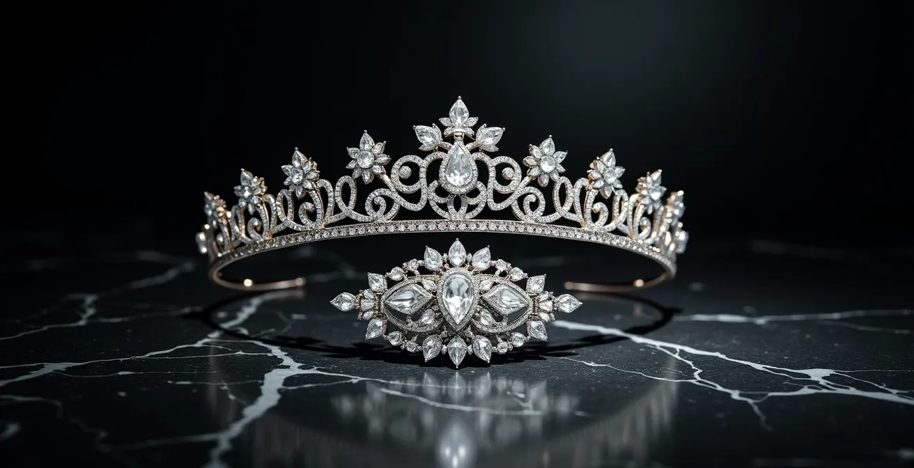 Composición minimalista de tiara y broche vintage sobre superficie de mármol