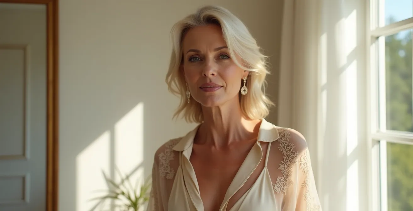 Mujer elegante mostrando el uso sofisticado de transparencias en capas