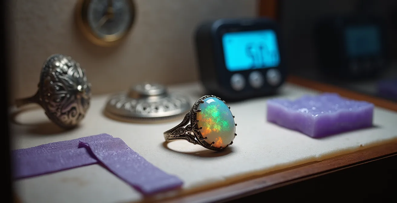 Vitrina profesional con joyas vintage exhibidas bajo luz controlada