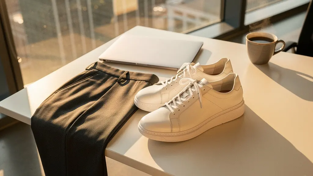Zapatillas minimalistas junto a traje de negocios en ambiente de oficina moderno